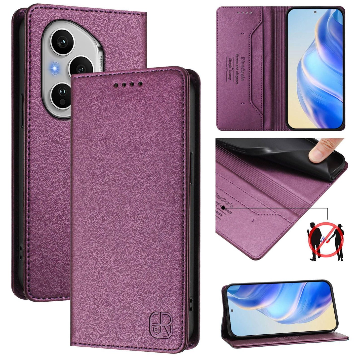 Honor 400 Pro 160.8mm Dual-Folded Magnetic Suction RFID Blocking PU Leather Wallet Phone Case with Card Slots, Cash Pocket, Kickstand, Full Protective Flip Cover