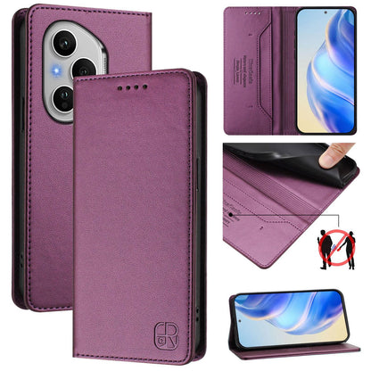 Honor 400 Pro 160.8mm Dual-Folded Magnetic Suction RFID Blocking PU Leather Wallet Phone Case with Card Slots, Cash Pocket, Kickstand, Full Protective Flip Cover