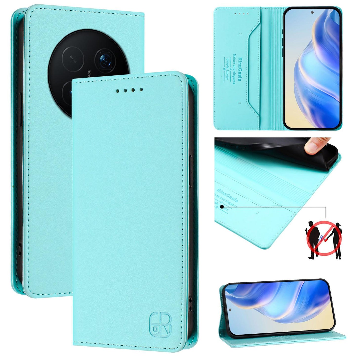 Honor Magic8 Pro Dual-Folded Magnetic Suction RFID Blocking PU Leather Wallet Phone Case with Card Slots, Cash Pocket, Kickstand, Full Protective Flip Cover