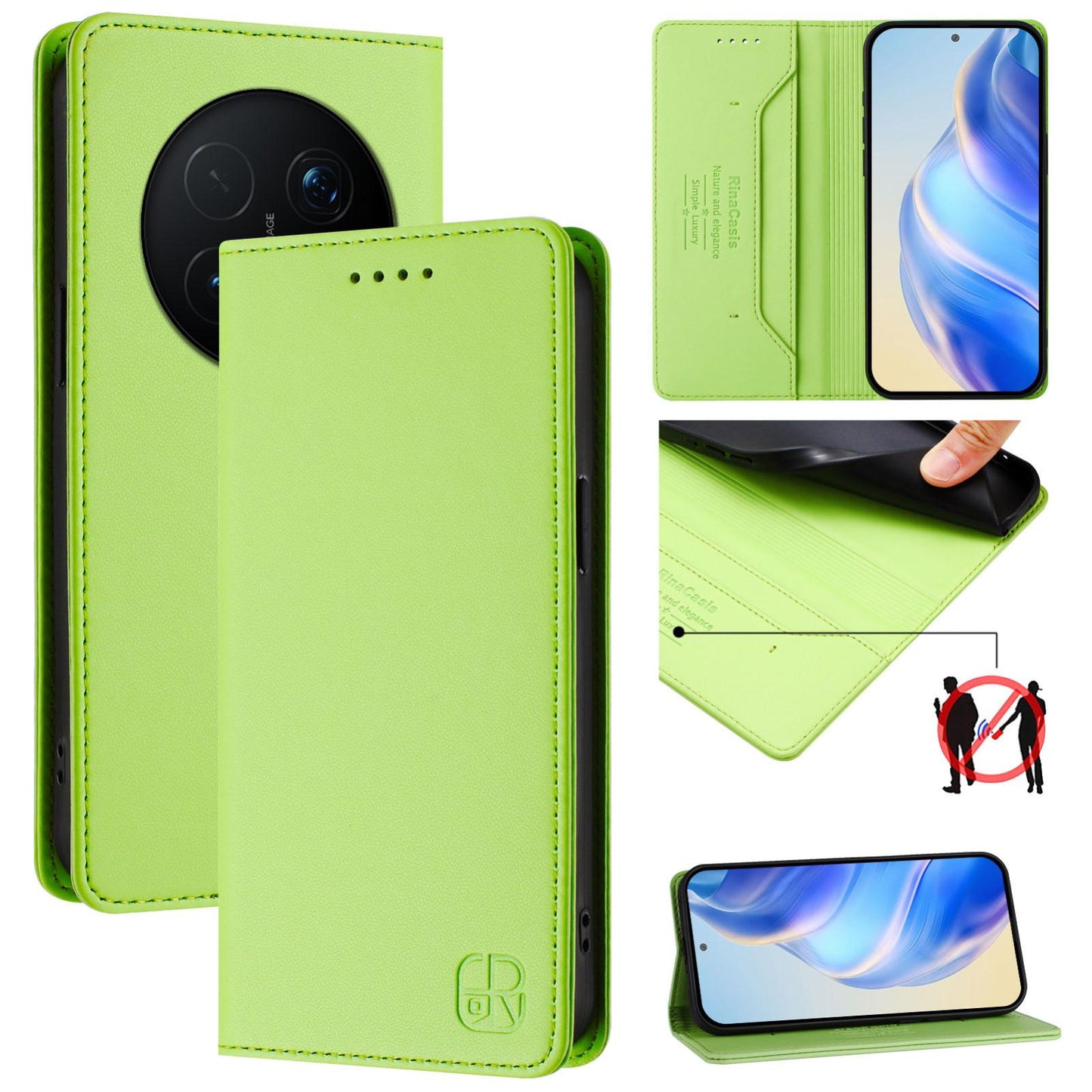 Honor Magic8 Pro Dual-Folded Magnetic Suction RFID Blocking PU Leather Wallet Phone Case with Card Slots, Cash Pocket, Kickstand, Full Protective Flip Cover
