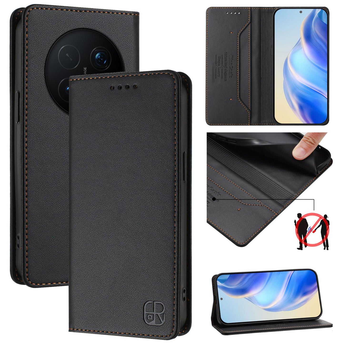 Honor Magic8 Pro Dual-Folded Magnetic Suction RFID Blocking PU Leather Wallet Phone Case with Card Slots, Cash Pocket, Kickstand, Full Protective Flip Cover