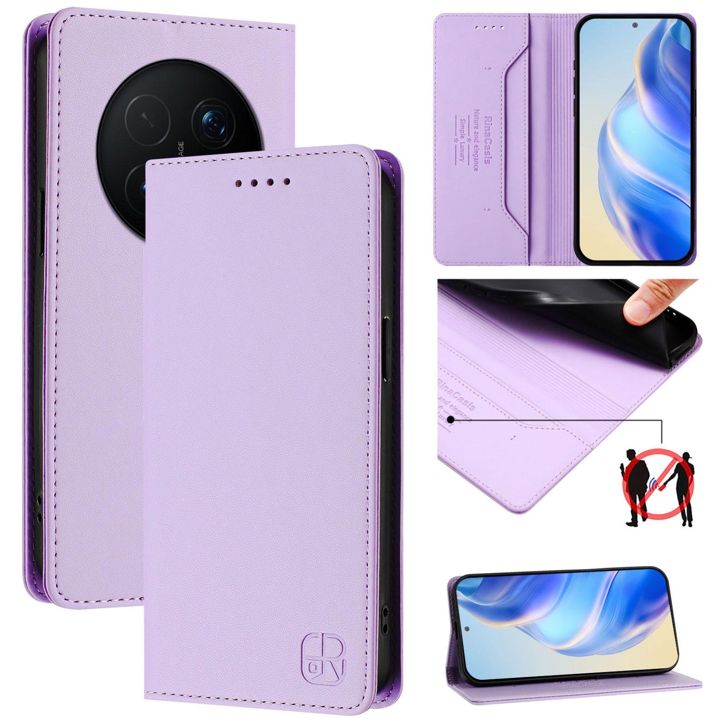 Honor Magic8 Pro Dual-Folded Magnetic Suction RFID Blocking PU Leather Wallet Phone Case with Card Slots, Cash Pocket, Kickstand, Full Protective Flip Cover