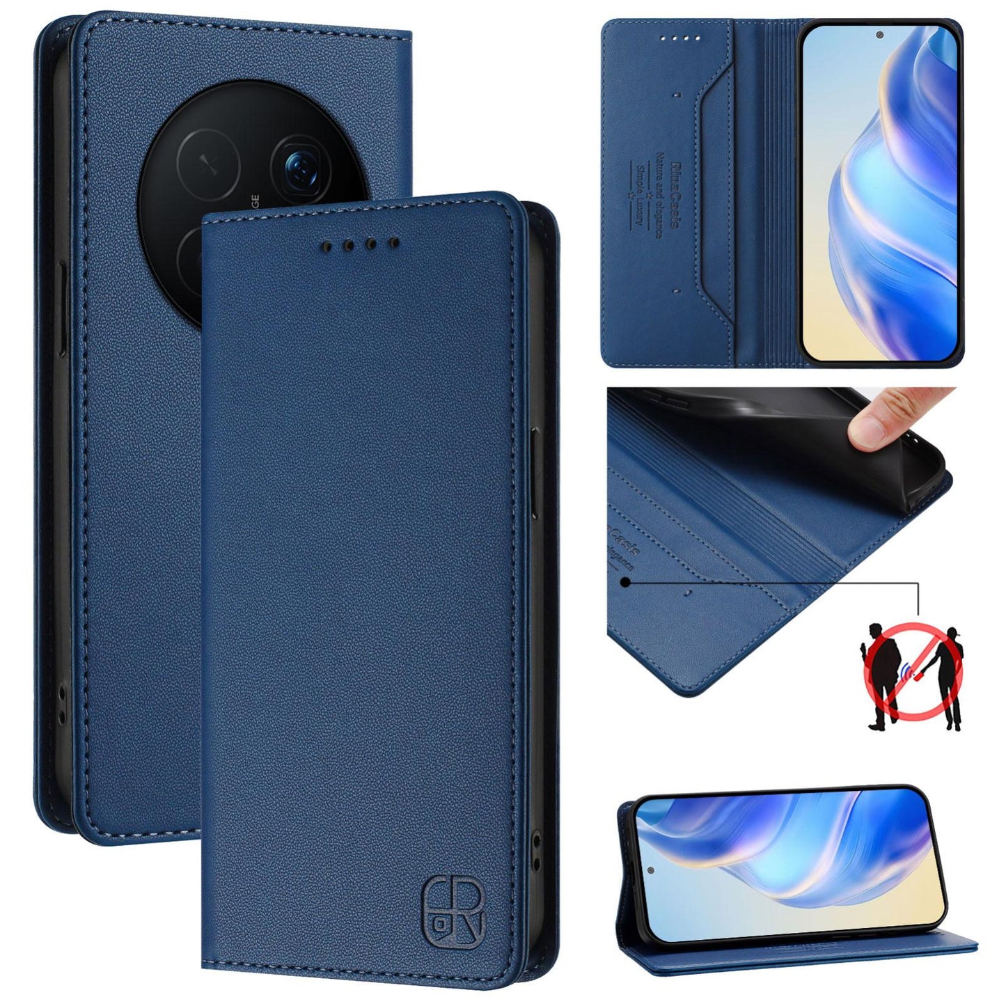 Honor Magic8 Pro Dual-Folded Magnetic Suction RFID Blocking PU Leather Wallet Phone Case with Card Slots, Cash Pocket, Kickstand, Full Protective Flip Cover