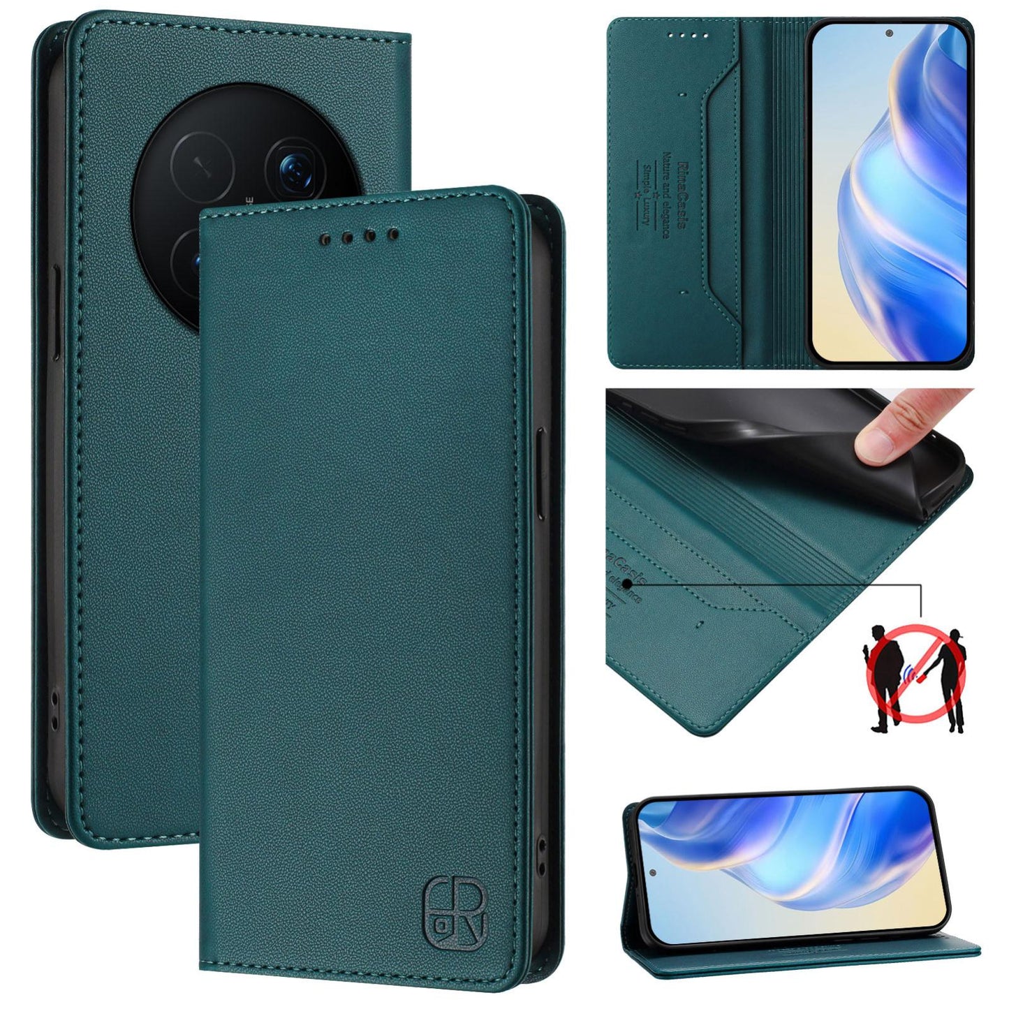 Honor Magic8 Pro Dual-Folded Magnetic Suction RFID Blocking PU Leather Wallet Phone Case with Card Slots, Cash Pocket, Kickstand, Full Protective Flip Cover