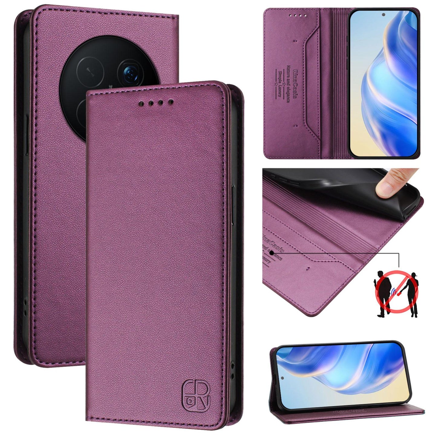 Honor Magic8 Pro Dual-Folded Magnetic Suction RFID Blocking PU Leather Wallet Phone Case with Card Slots, Cash Pocket, Kickstand, Full Protective Flip Cover