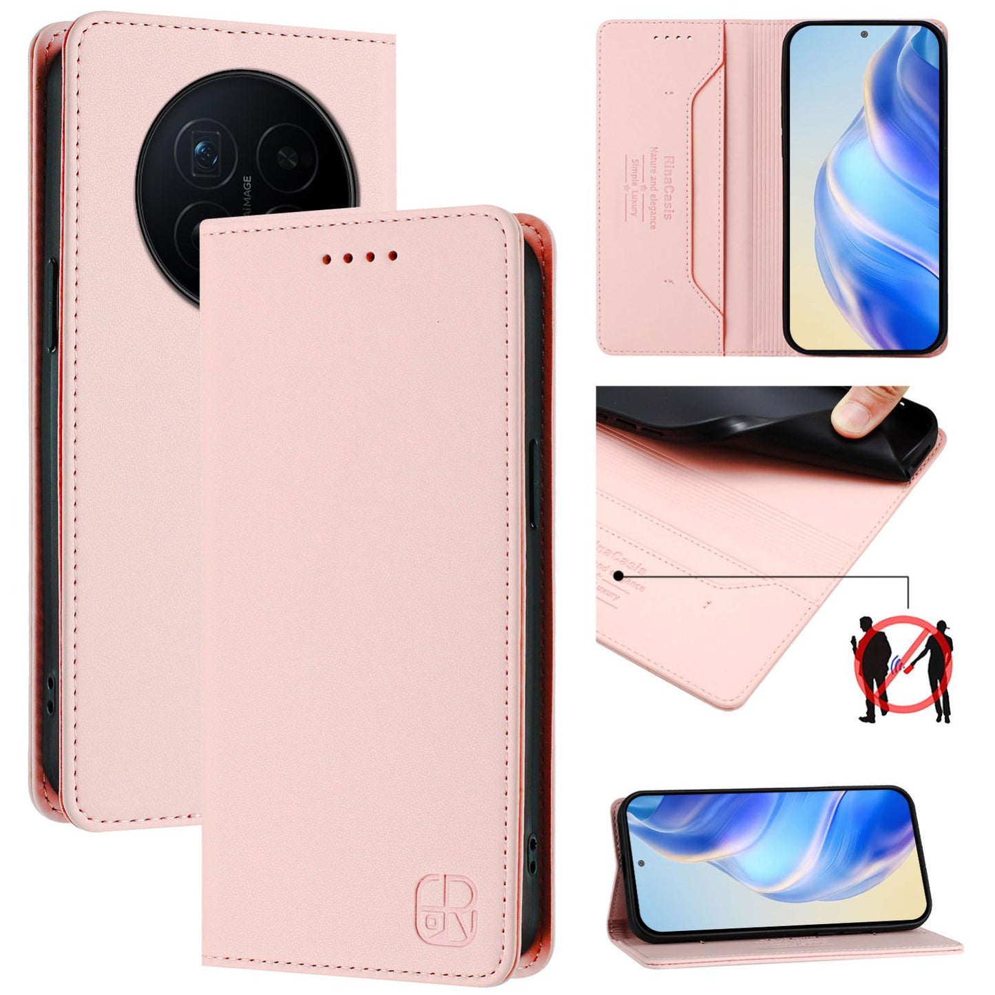 Honor Magic8 Dual-Folded Magnetic Suction RFID Blocking PU Leather Wallet Phone Case with Card Slots, Cash Pocket, Kickstand, Full Protective Flip Cover