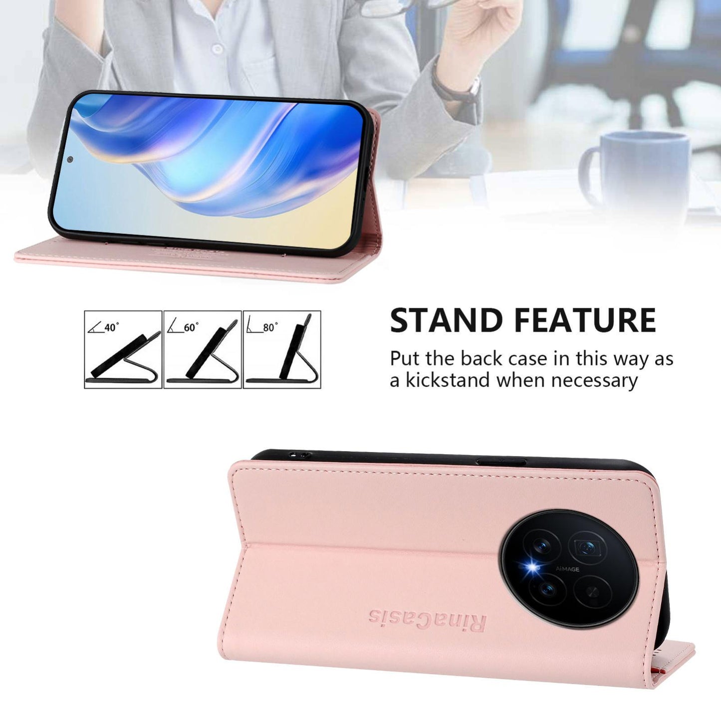 Honor Magic8 Dual-Folded Magnetic Suction RFID Blocking PU Leather Wallet Phone Case with Card Slots, Cash Pocket, Kickstand, Full Protective Flip Cover