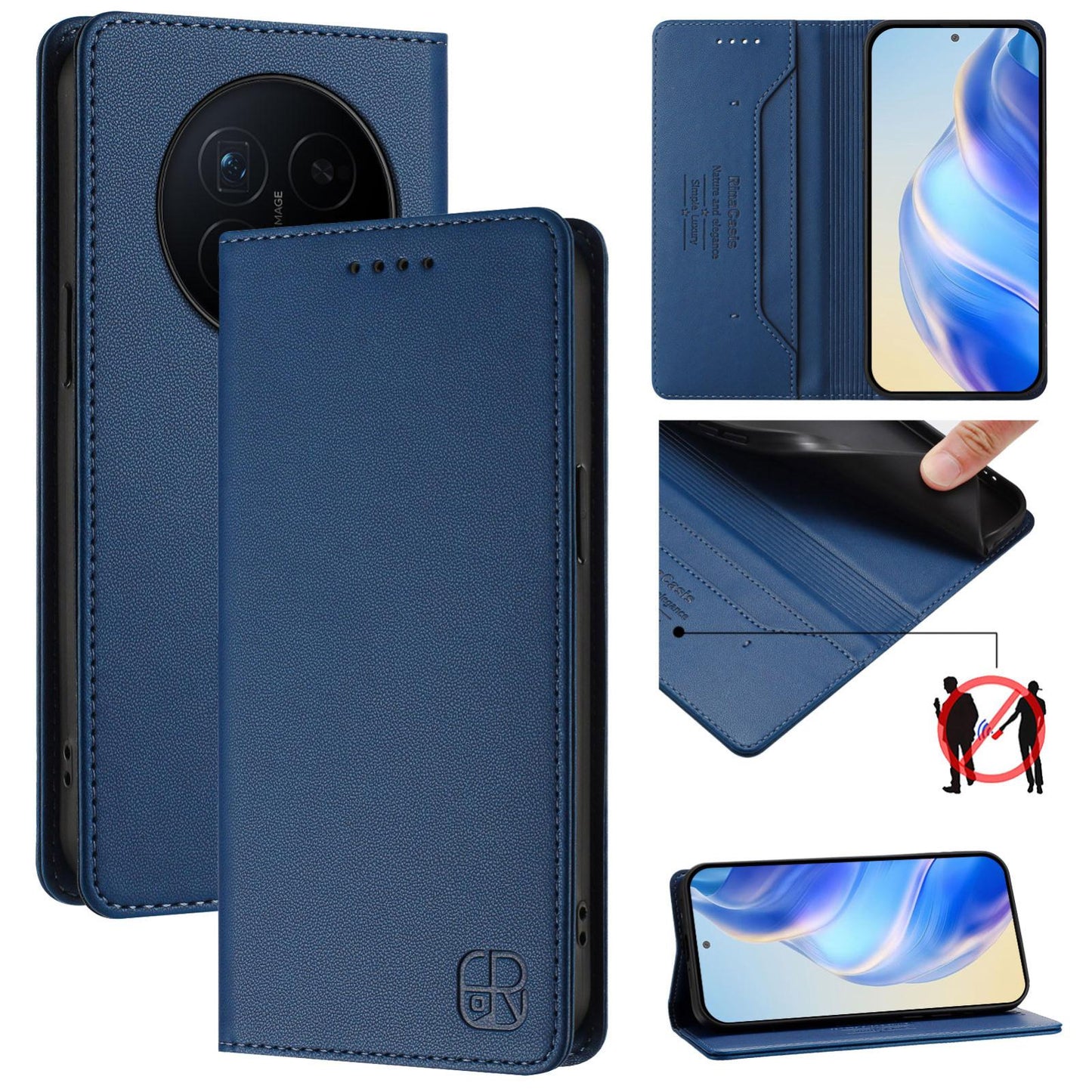 Honor Magic8 Dual-Folded Magnetic Suction RFID Blocking PU Leather Wallet Phone Case with Card Slots, Cash Pocket, Kickstand, Full Protective Flip Cover
