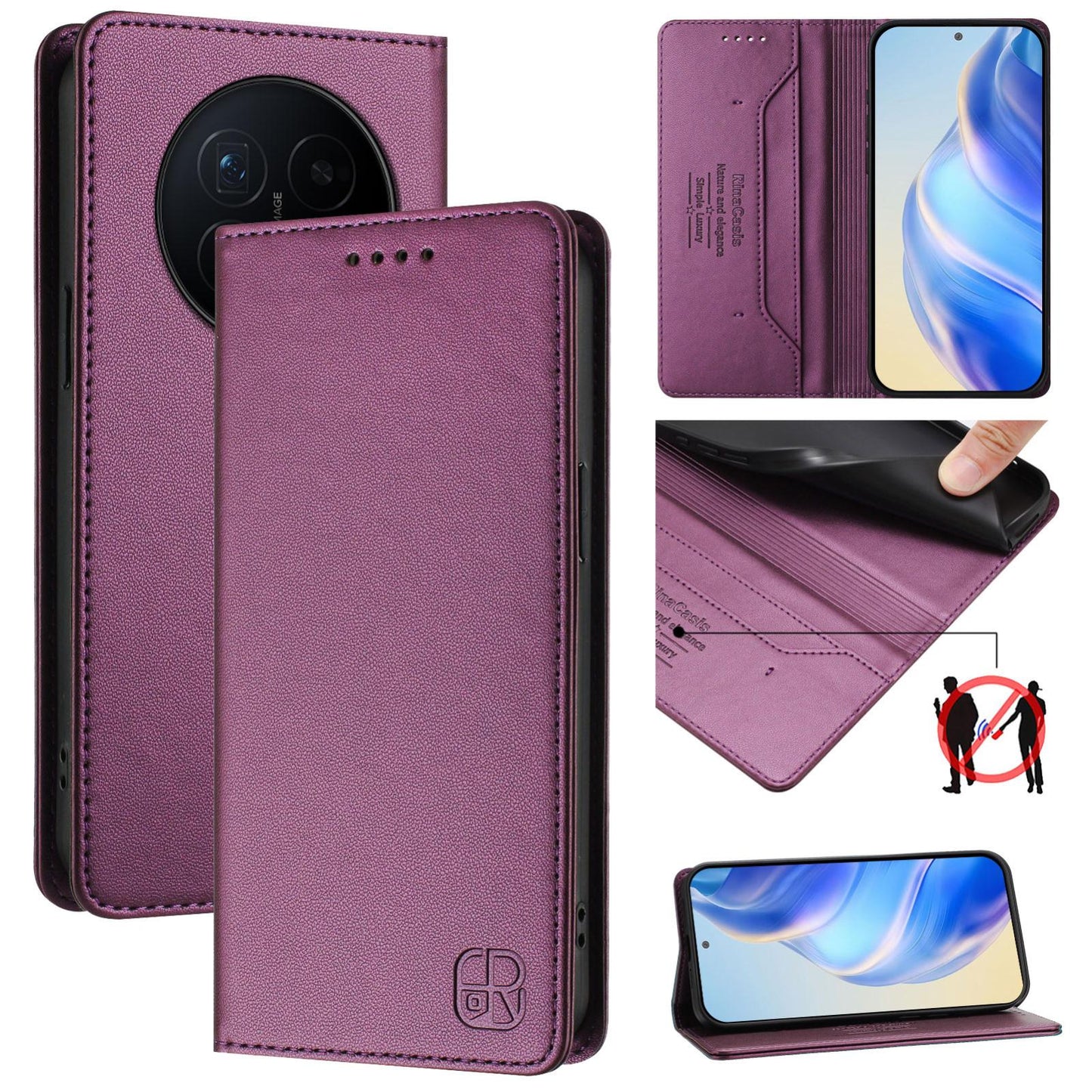 Honor Magic8 Dual-Folded Magnetic Suction RFID Blocking PU Leather Wallet Phone Case with Card Slots, Cash Pocket, Kickstand, Full Protective Flip Cover