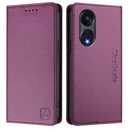 OPPO Reno8 T 5G Dual-Folded Magnetic Suction RFID Blocking PU Leather Wallet Phone Case with Card Slots, Cash Pocket, Kickstand, Full Protective Flip Cover