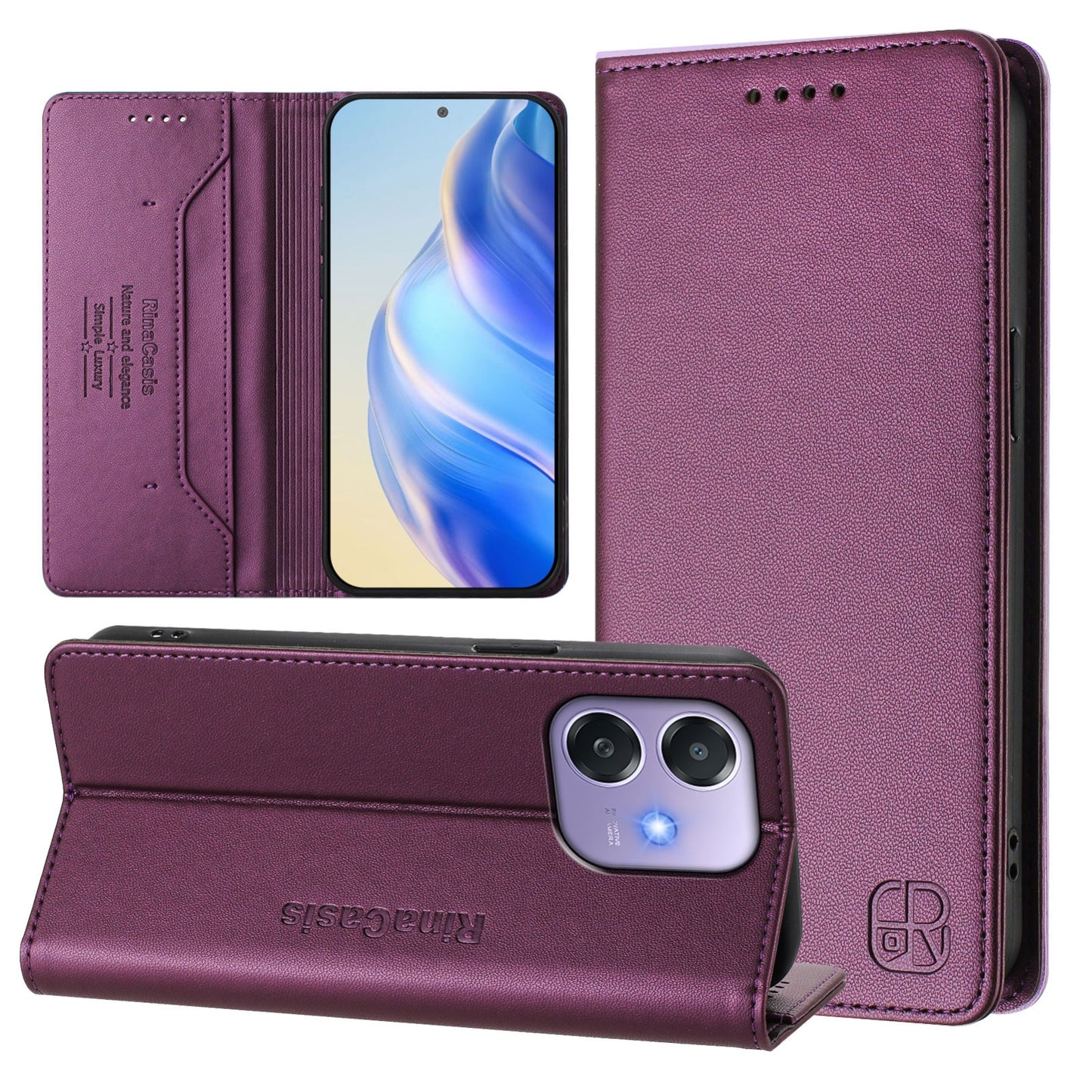 OPPO A3x 4G Dual-Folded Magnetic Suction RFID Blocking PU Leather Wallet Phone Case with Card Slots, Cash Pocket, Kickstand, Full Protective Flip Cover