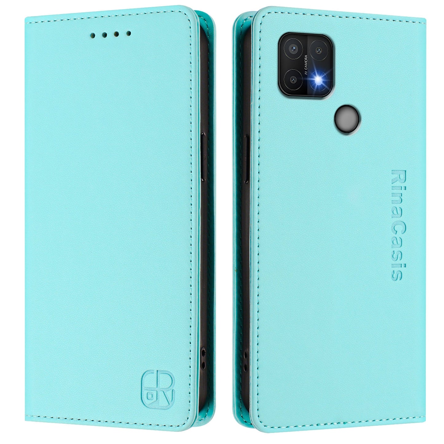 OPPO A15 Dual-Folded Magnetic Suction RFID Blocking PU Leather Wallet Phone Case with Card Slots, Cash Pocket, Kickstand, Full Protective Flip Cover