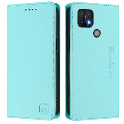 OPPO A15s Dual-Folded Magnetic Suction RFID Blocking PU Leather Wallet Phone Case with Card Slots, Cash Pocket, Kickstand, Full Protective Flip Cover