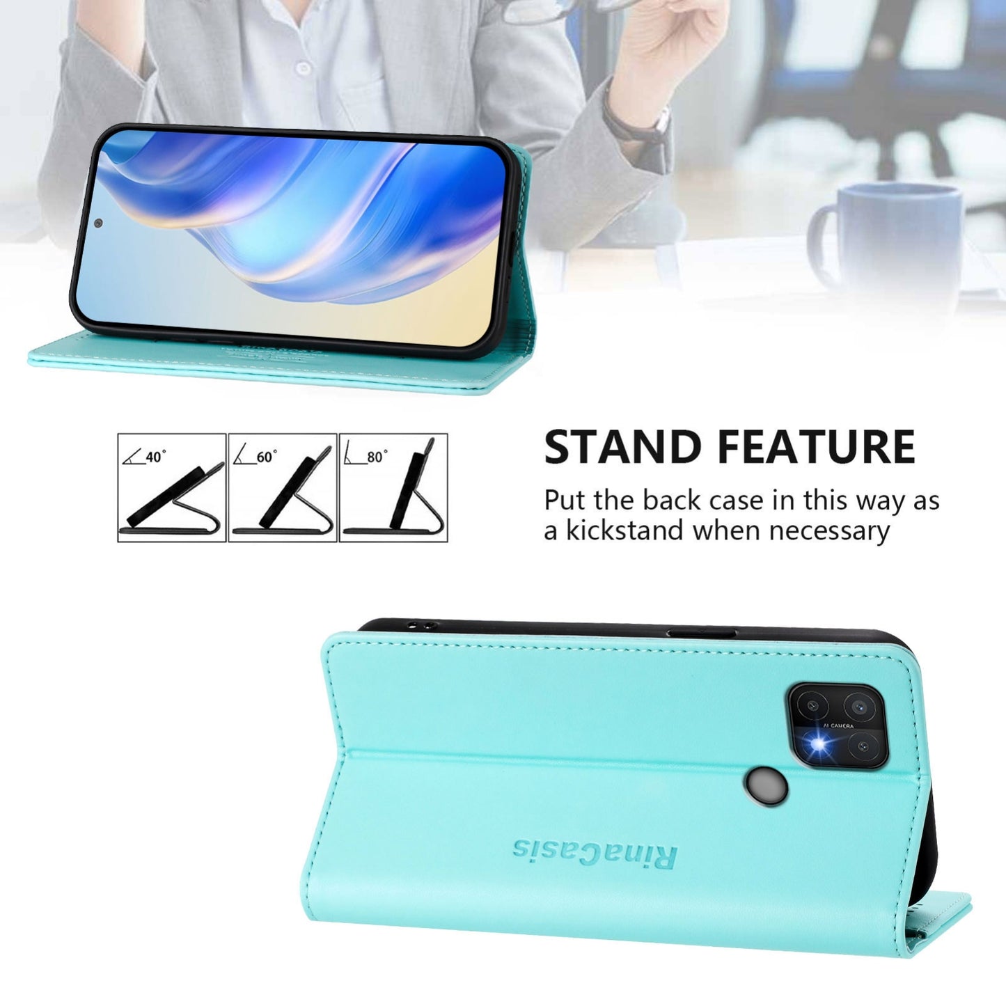 OPPO A35 2021 Dual-Folded Magnetic Suction RFID Blocking PU Leather Wallet Phone Case with Card Slots, Cash Pocket, Kickstand, Full Protective Flip Cover