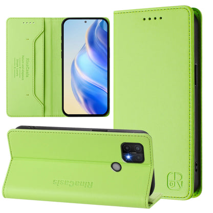 OPPO A15 Dual-Folded Magnetic Suction RFID Blocking PU Leather Wallet Phone Case with Card Slots, Cash Pocket, Kickstand, Full Protective Flip Cover