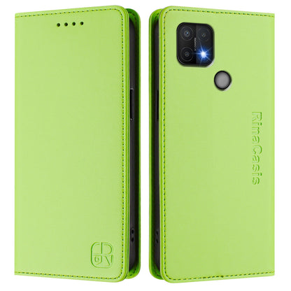 OPPO A35 2021 Dual-Folded Magnetic Suction RFID Blocking PU Leather Wallet Phone Case with Card Slots, Cash Pocket, Kickstand, Full Protective Flip Cover