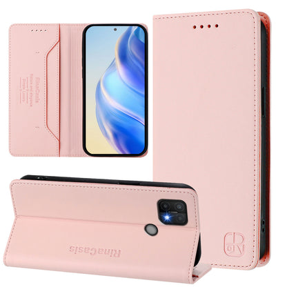 OPPO A35 2021 Dual-Folded Magnetic Suction RFID Blocking PU Leather Wallet Phone Case with Card Slots, Cash Pocket, Kickstand, Full Protective Flip Cover