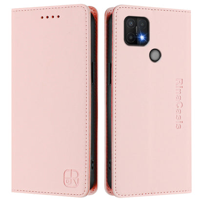 OPPO A35 2021 Dual-Folded Magnetic Suction RFID Blocking PU Leather Wallet Phone Case with Card Slots, Cash Pocket, Kickstand, Full Protective Flip Cover