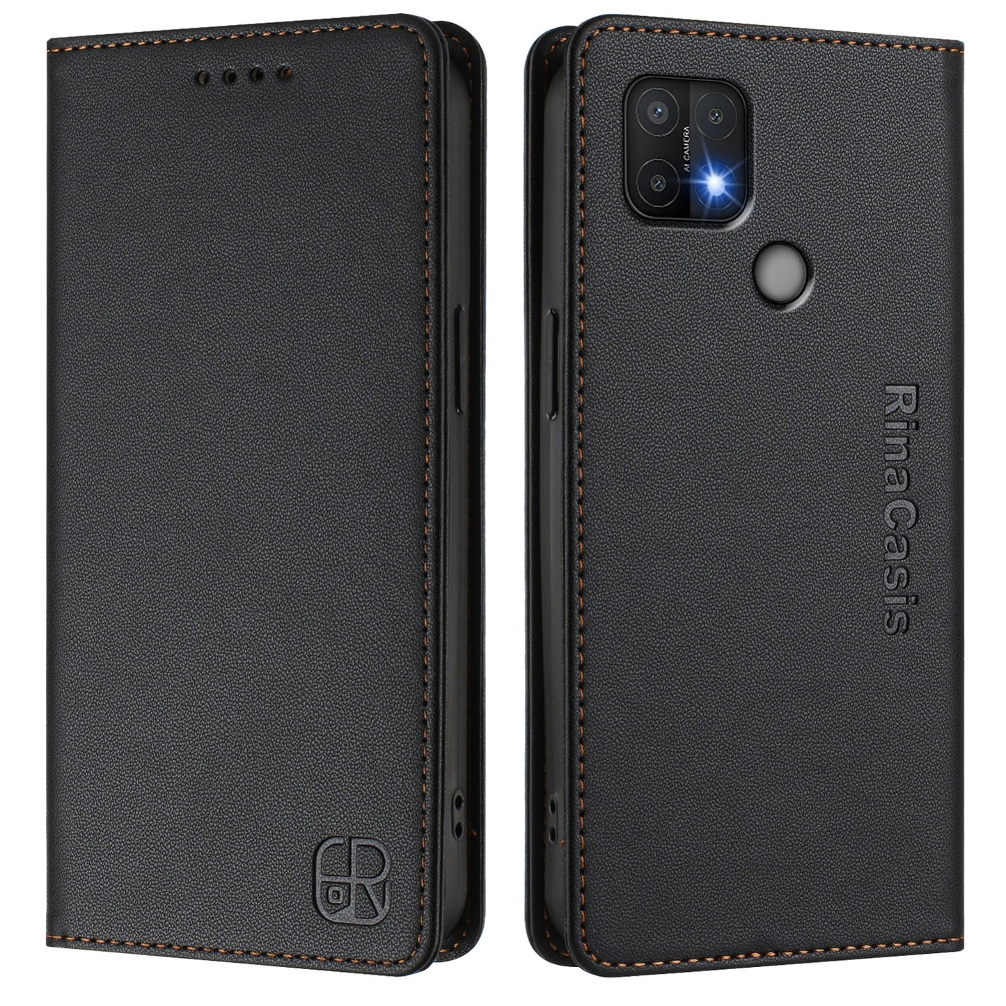 OPPO A15s Dual-Folded Magnetic Suction RFID Blocking PU Leather Wallet Phone Case with Card Slots, Cash Pocket, Kickstand, Full Protective Flip Cover