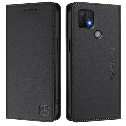 OPPO A35 2021 Dual-Folded Magnetic Suction RFID Blocking PU Leather Wallet Phone Case with Card Slots, Cash Pocket, Kickstand, Full Protective Flip Cover