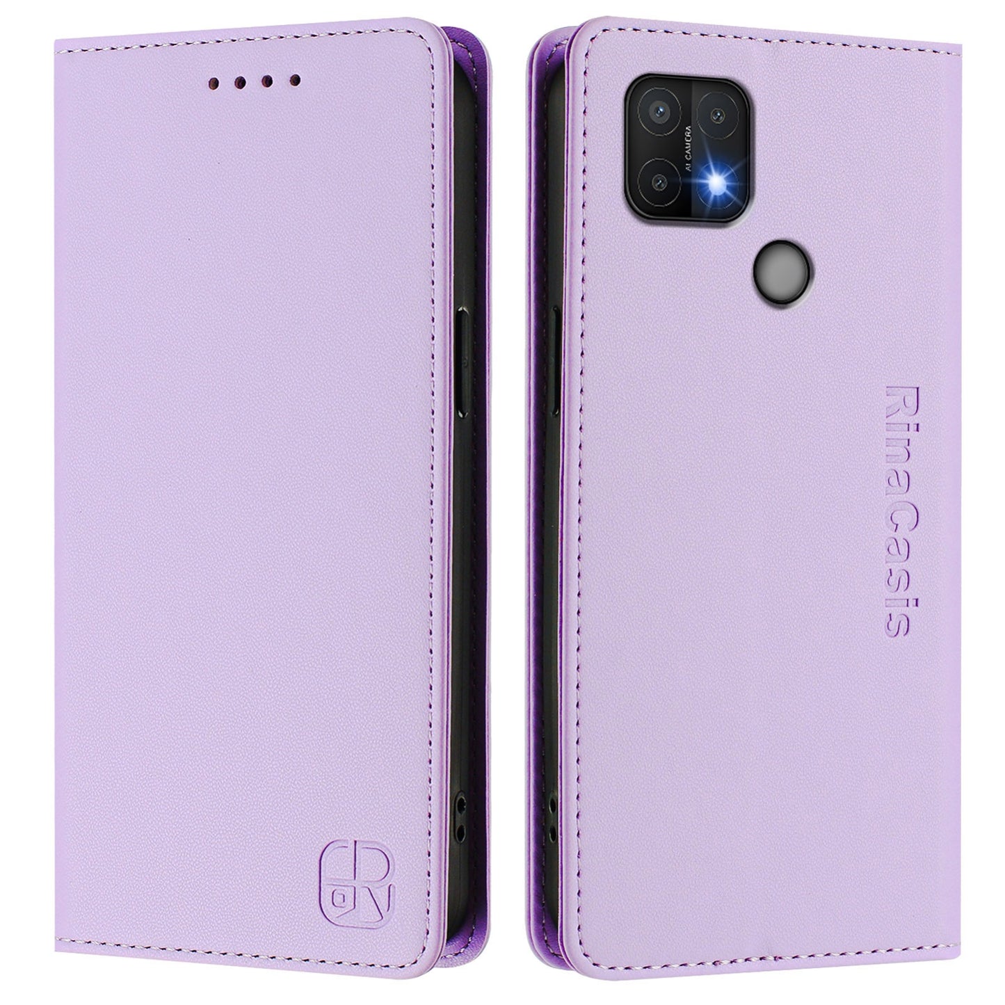 OPPO A15 Dual-Folded Magnetic Suction RFID Blocking PU Leather Wallet Phone Case with Card Slots, Cash Pocket, Kickstand, Full Protective Flip Cover
