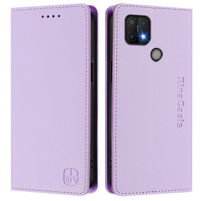 OPPO A35 2021 Dual-Folded Magnetic Suction RFID Blocking PU Leather Wallet Phone Case with Card Slots, Cash Pocket, Kickstand, Full Protective Flip Cover