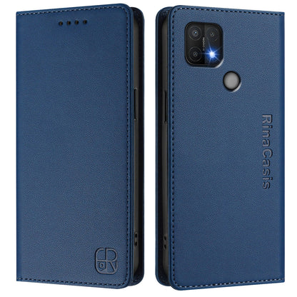 OPPO A15s Dual-Folded Magnetic Suction RFID Blocking PU Leather Wallet Phone Case with Card Slots, Cash Pocket, Kickstand, Full Protective Flip Cover