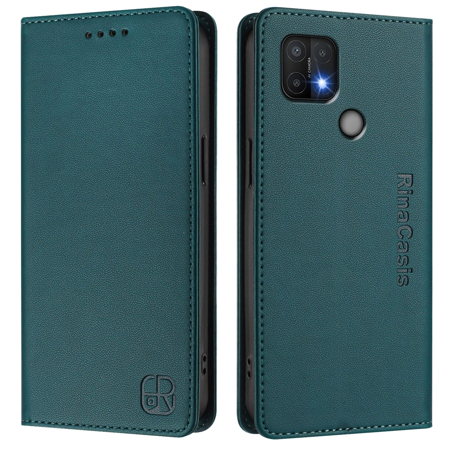 OPPO A35 2021 Dual-Folded Magnetic Suction RFID Blocking PU Leather Wallet Phone Case with Card Slots, Cash Pocket, Kickstand, Full Protective Flip Cover