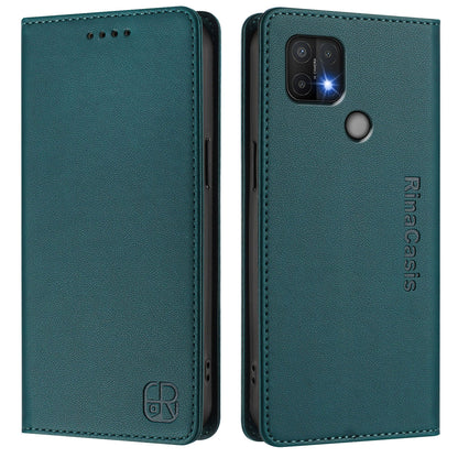 OPPO A35 2021 Dual-Folded Magnetic Suction RFID Blocking PU Leather Wallet Phone Case with Card Slots, Cash Pocket, Kickstand, Full Protective Flip Cover