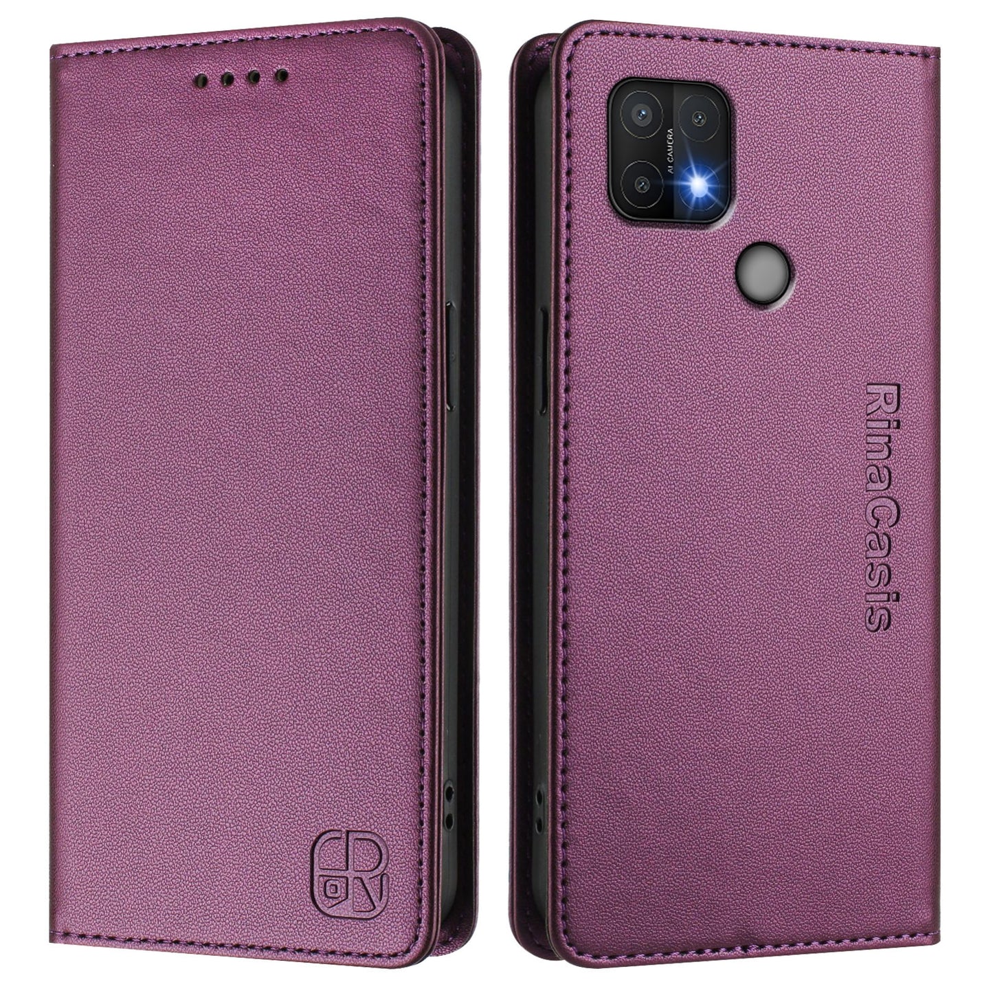 OPPO A15 Dual-Folded Magnetic Suction RFID Blocking PU Leather Wallet Phone Case with Card Slots, Cash Pocket, Kickstand, Full Protective Flip Cover