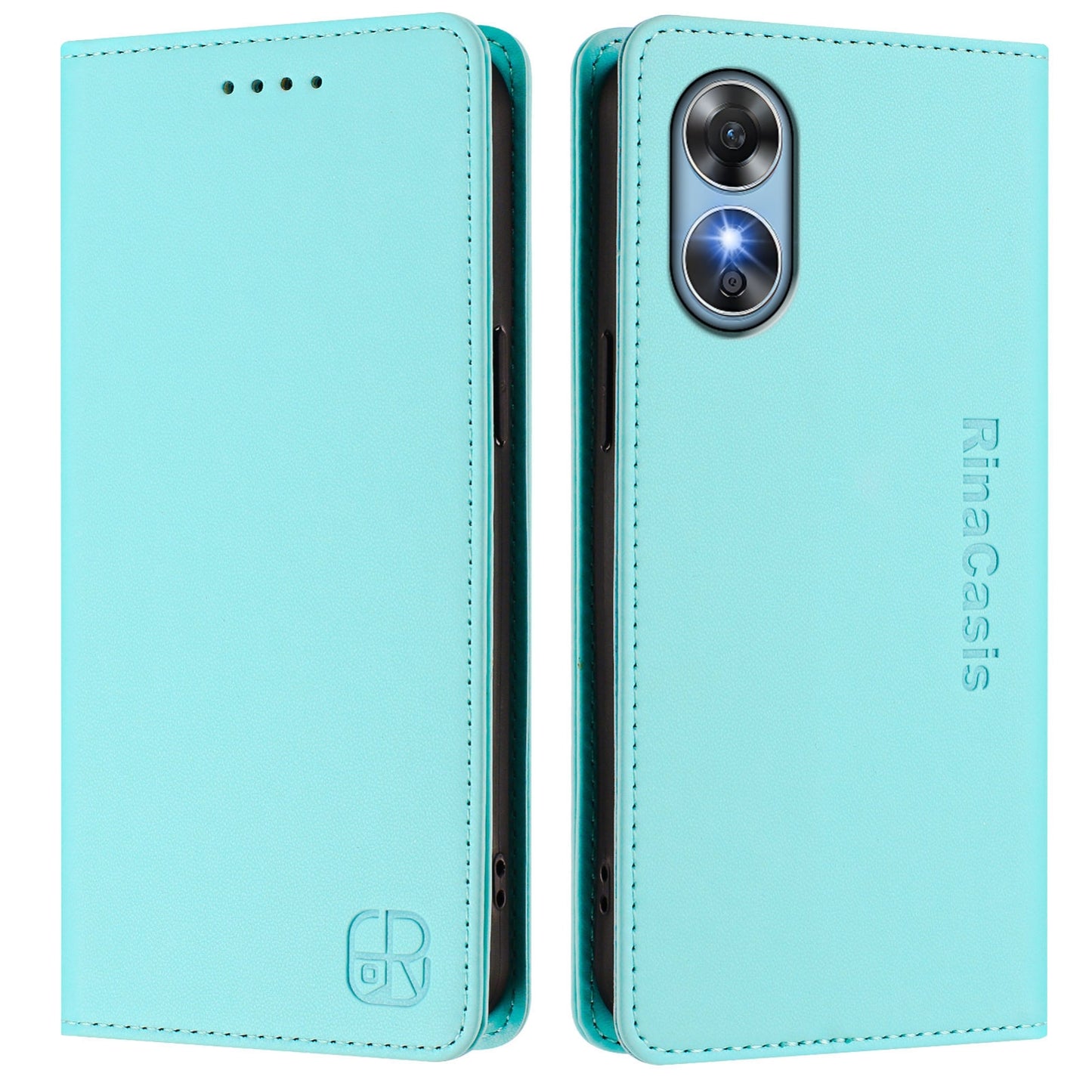 OPPO A17 4G Dual-Folded Magnetic Suction RFID Blocking PU Leather Wallet Phone Case with Card Slots, Cash Pocket, Kickstand, Full Protective Flip Cover