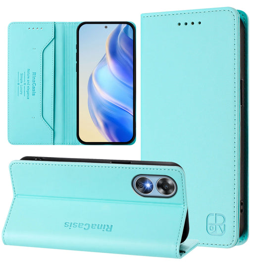 OPPO A17k Dual-Folded Magnetic Suction RFID Blocking PU Leather Wallet Phone Case with Card Slots, Cash Pocket, Kickstand, Full Protective Flip Cover