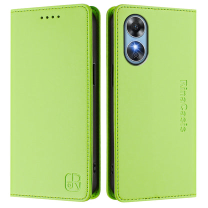 OPPO A17 4G Dual-Folded Magnetic Suction RFID Blocking PU Leather Wallet Phone Case with Card Slots, Cash Pocket, Kickstand, Full Protective Flip Cover