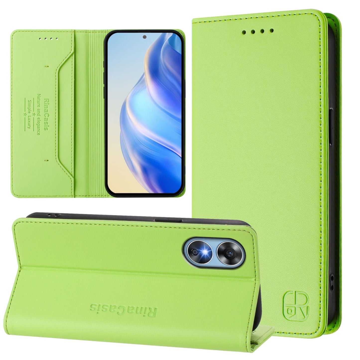 OPPO A17k Dual-Folded Magnetic Suction RFID Blocking PU Leather Wallet Phone Case with Card Slots, Cash Pocket, Kickstand, Full Protective Flip Cover