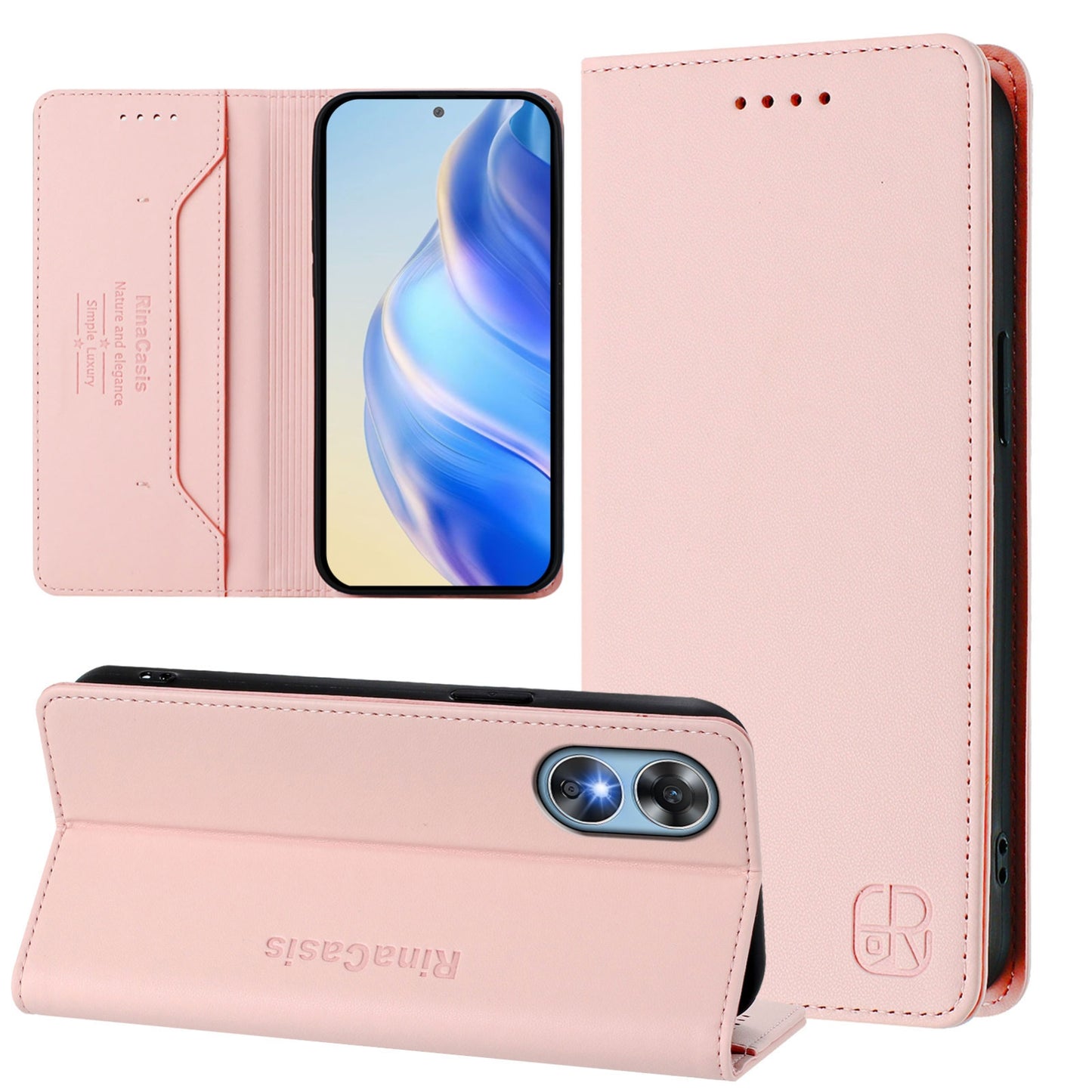 OPPO A17 4G Dual-Folded Magnetic Suction RFID Blocking PU Leather Wallet Phone Case with Card Slots, Cash Pocket, Kickstand, Full Protective Flip Cover