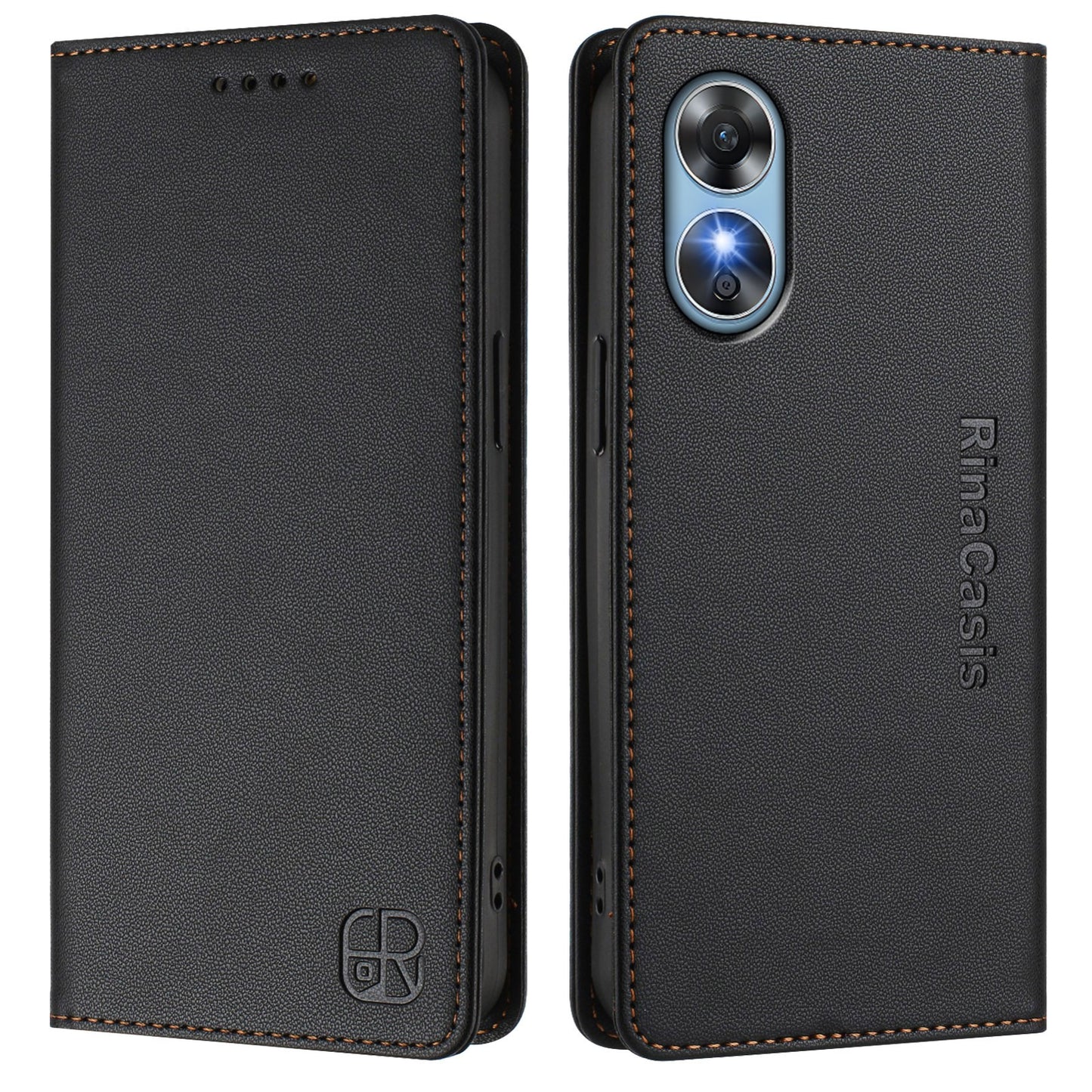 OPPO A17k Dual-Folded Magnetic Suction RFID Blocking PU Leather Wallet Phone Case with Card Slots, Cash Pocket, Kickstand, Full Protective Flip Cover