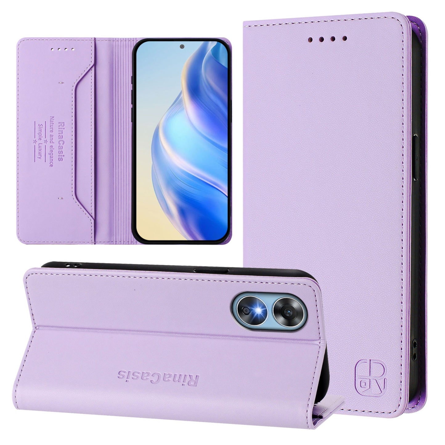 OPPO A17 4G Dual-Folded Magnetic Suction RFID Blocking PU Leather Wallet Phone Case with Card Slots, Cash Pocket, Kickstand, Full Protective Flip Cover
