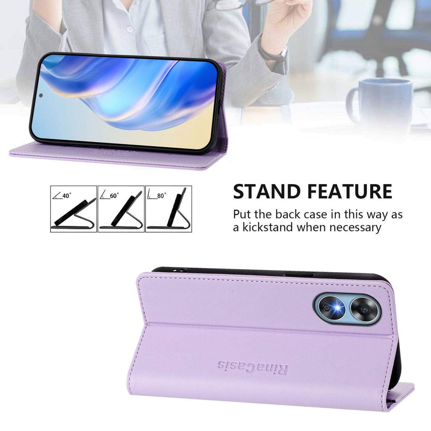 OPPO A17 4G Dual-Folded Magnetic Suction RFID Blocking PU Leather Wallet Phone Case with Card Slots, Cash Pocket, Kickstand, Full Protective Flip Cover