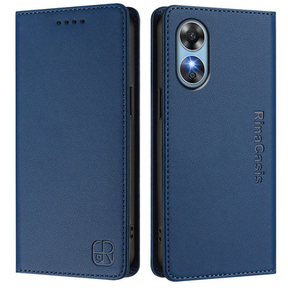 OPPO A17 4G Dual-Folded Magnetic Suction RFID Blocking PU Leather Wallet Phone Case with Card Slots, Cash Pocket, Kickstand, Full Protective Flip Cover