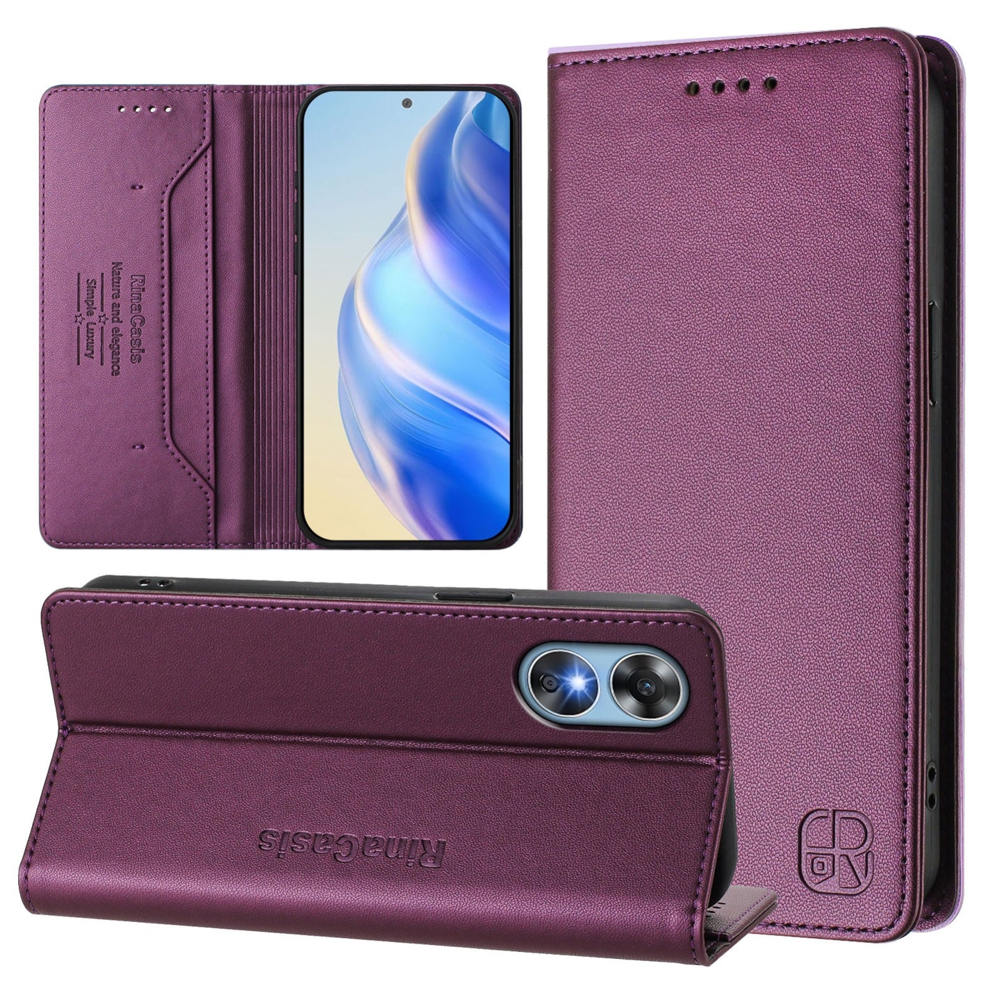 OPPO A17 4G Dual-Folded Magnetic Suction RFID Blocking PU Leather Wallet Phone Case with Card Slots, Cash Pocket, Kickstand, Full Protective Flip Cover