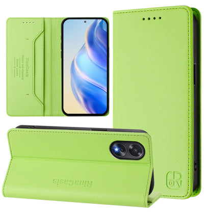 OPPO A38 4G Dual-Folded Magnetic Suction RFID Blocking PU Leather Wallet Phone Case with Card Slots, Cash Pocket, Kickstand, Full Protective Flip Cover
