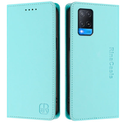 OPPO A54 4G Dual-Folded Magnetic Suction RFID Blocking PU Leather Wallet Phone Case with Card Slots, Cash Pocket, Kickstand, Full Protective Flip Cover