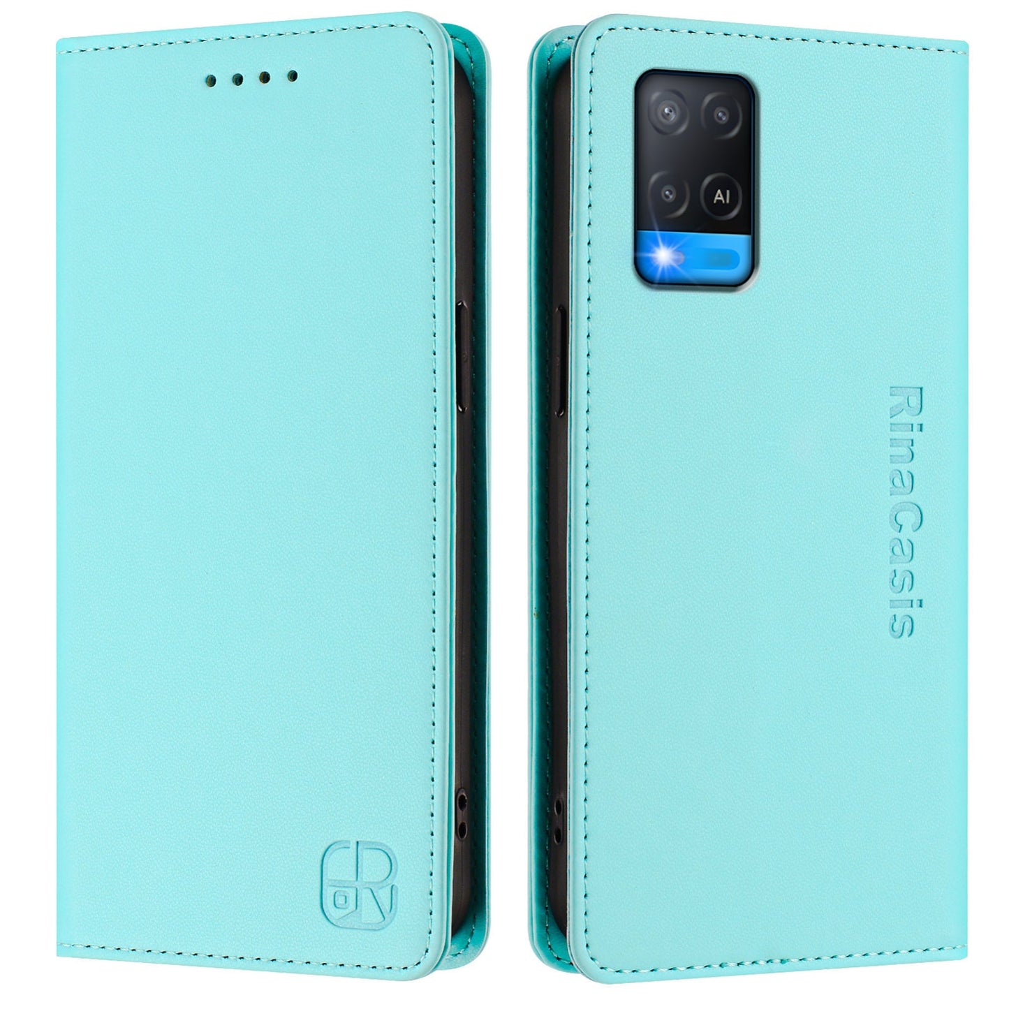 OPPO A54s Dual-Folded Magnetic Suction RFID Blocking PU Leather Wallet Phone Case with Card Slots, Cash Pocket, Kickstand, Full Protective Flip Cover