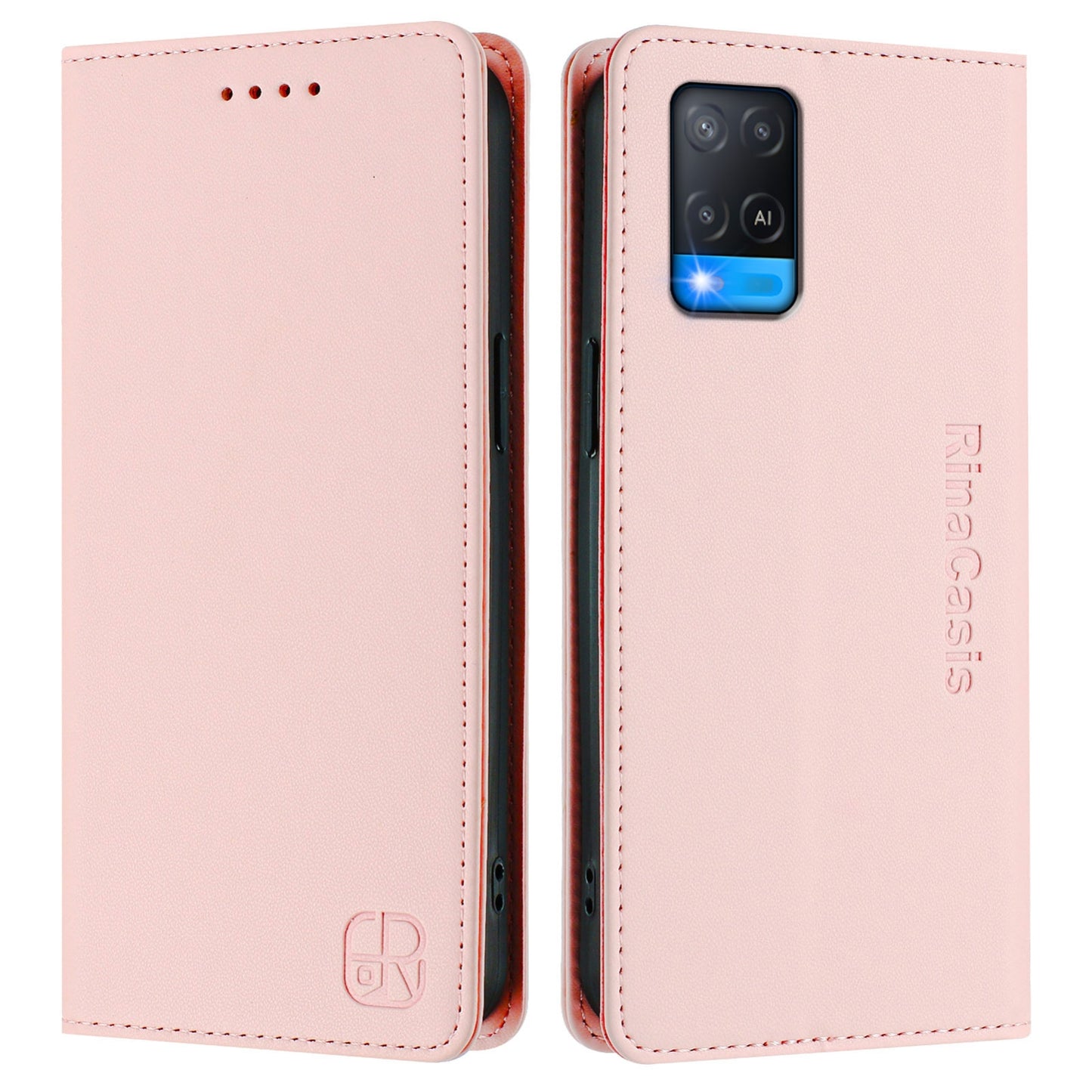 OPPO A54s Dual-Folded Magnetic Suction RFID Blocking PU Leather Wallet Phone Case with Card Slots, Cash Pocket, Kickstand, Full Protective Flip Cover