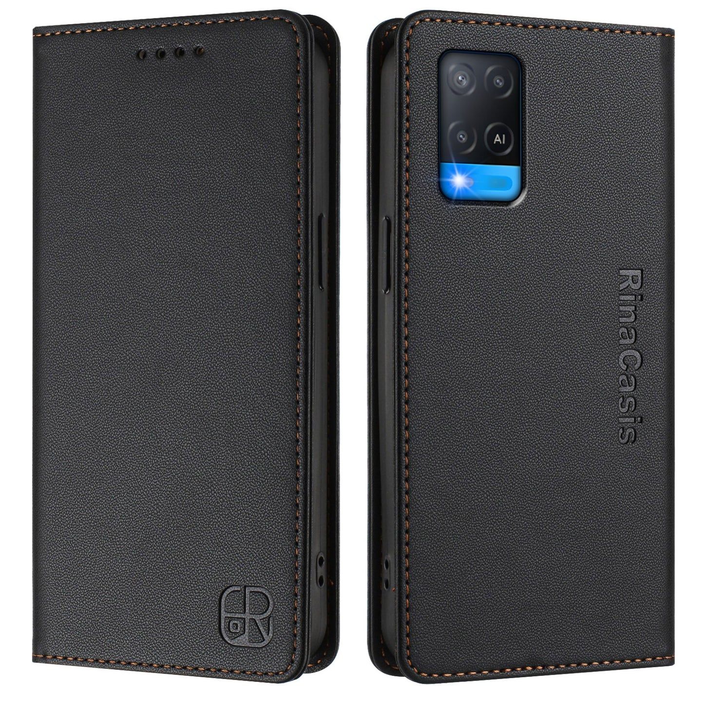 OPPO A54s Dual-Folded Magnetic Suction RFID Blocking PU Leather Wallet Phone Case with Card Slots, Cash Pocket, Kickstand, Full Protective Flip Cover
