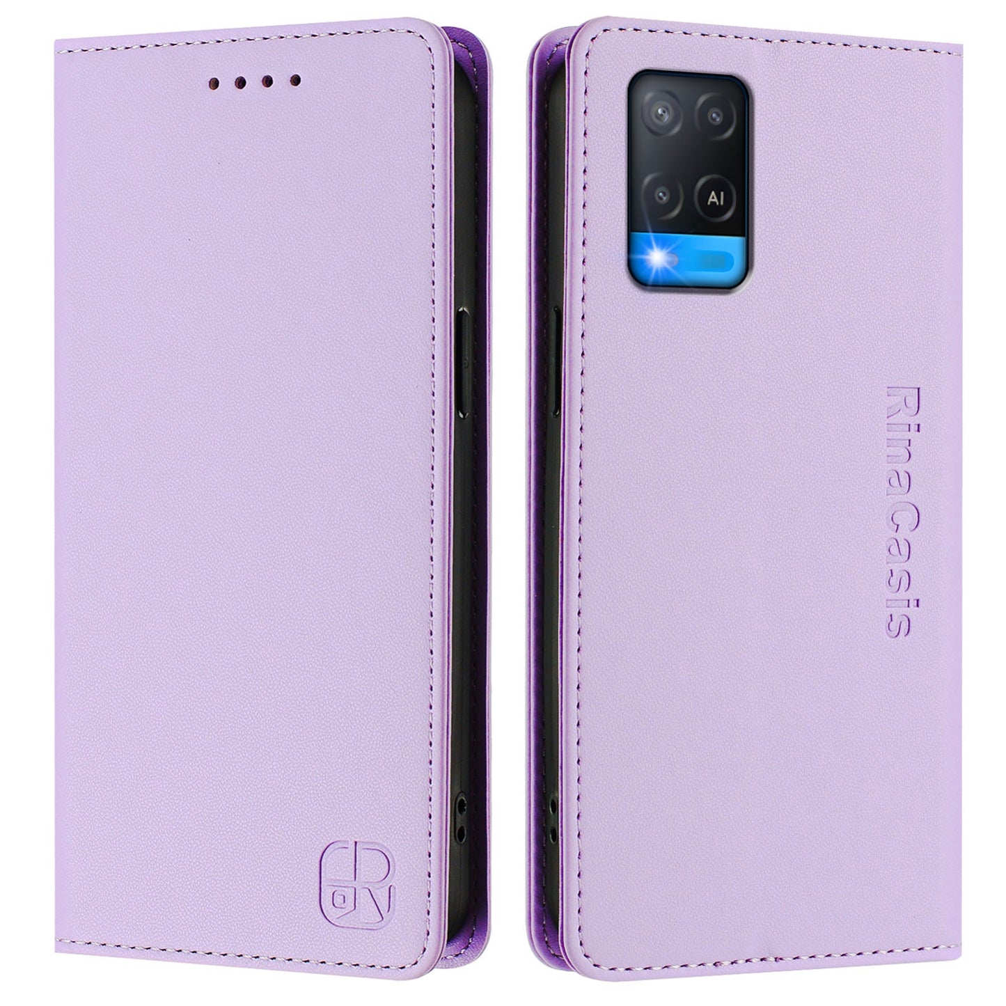 OPPO A16 Dual-Folded Magnetic Suction RFID Blocking PU Leather Wallet Phone Case with Card Slots, Cash Pocket, Kickstand, Full Protective Flip Cover