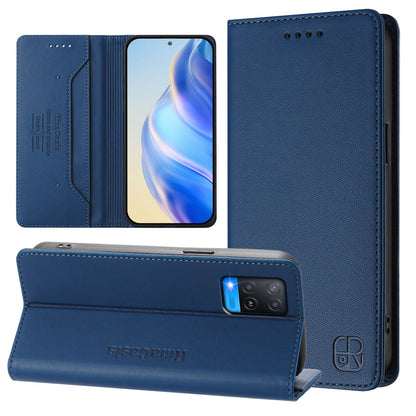 OPPO A55 5G Dual-Folded Magnetic Suction RFID Blocking PU Leather Wallet Phone Case with Card Slots, Cash Pocket, Kickstand, Full Protective Flip Cover