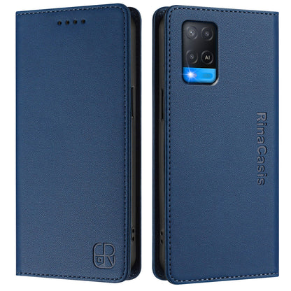 OPPO A55 5G Dual-Folded Magnetic Suction RFID Blocking PU Leather Wallet Phone Case with Card Slots, Cash Pocket, Kickstand, Full Protective Flip Cover