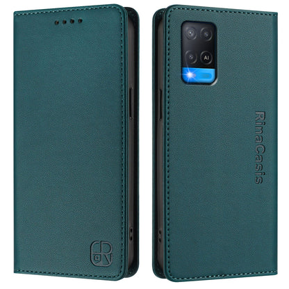 OPPO A54 4G Dual-Folded Magnetic Suction RFID Blocking PU Leather Wallet Phone Case with Card Slots, Cash Pocket, Kickstand, Full Protective Flip Cover