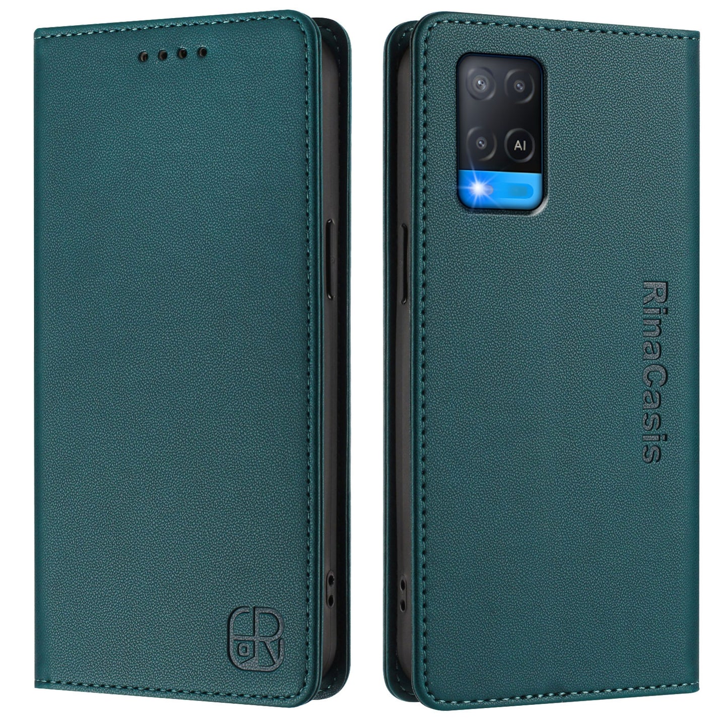 OPPO A54s Dual-Folded Magnetic Suction RFID Blocking PU Leather Wallet Phone Case with Card Slots, Cash Pocket, Kickstand, Full Protective Flip Cover